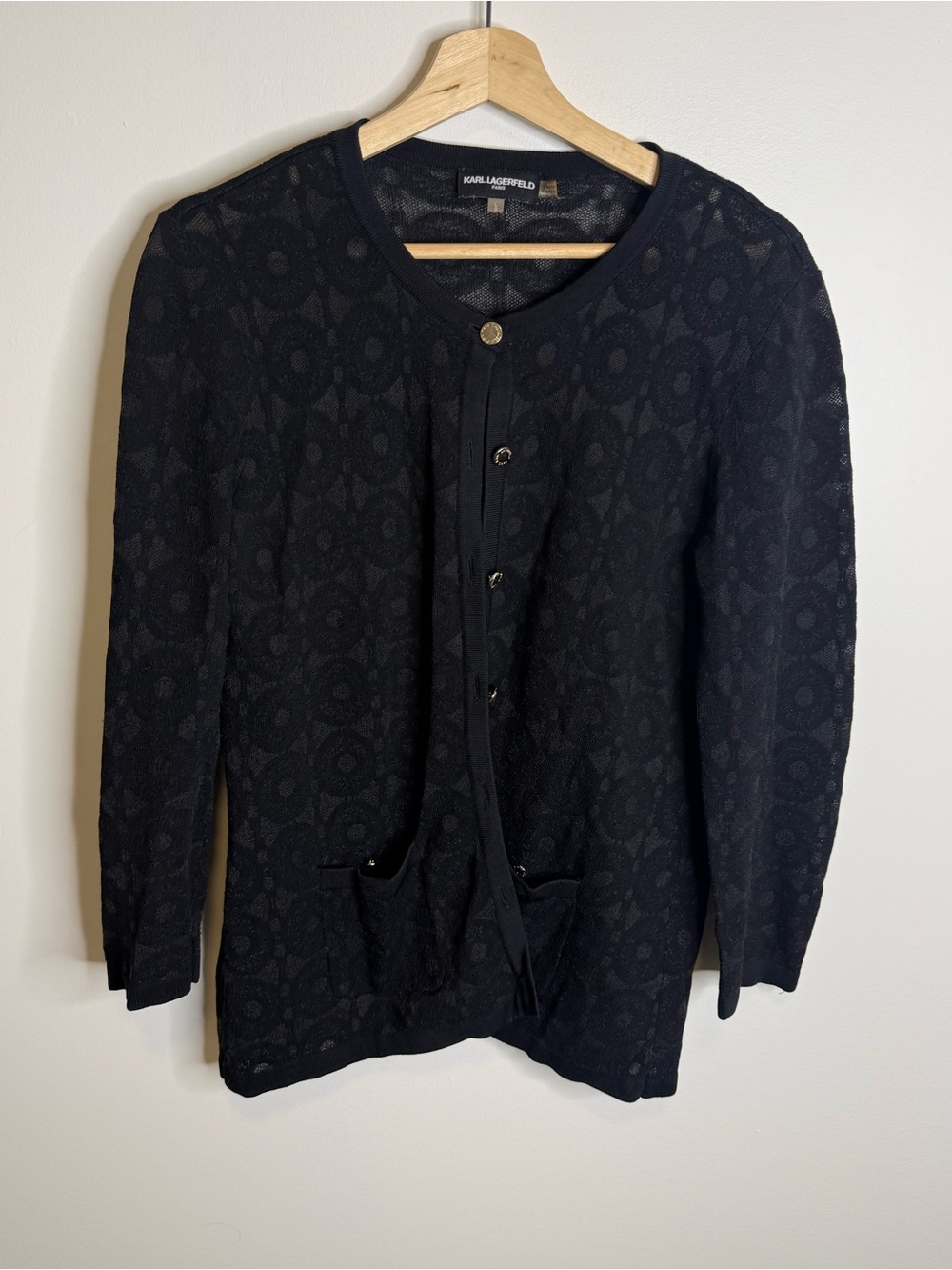 Karl Lagerfeld Black Textured Knit Cardigan size large